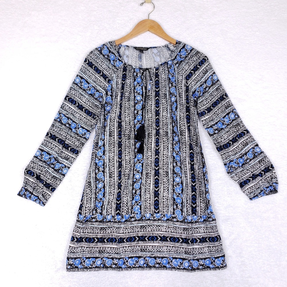 Express Womens Blue‎ Boho Floral Geometric Tassel Peasant Shift Mini Dress Small